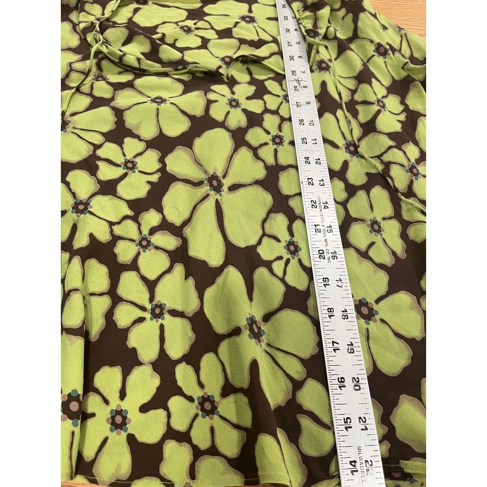 Retro Floral V-Neck Tie Front Blouse Lime Green Brown Long Sleeve Top - Picture 9 of 11